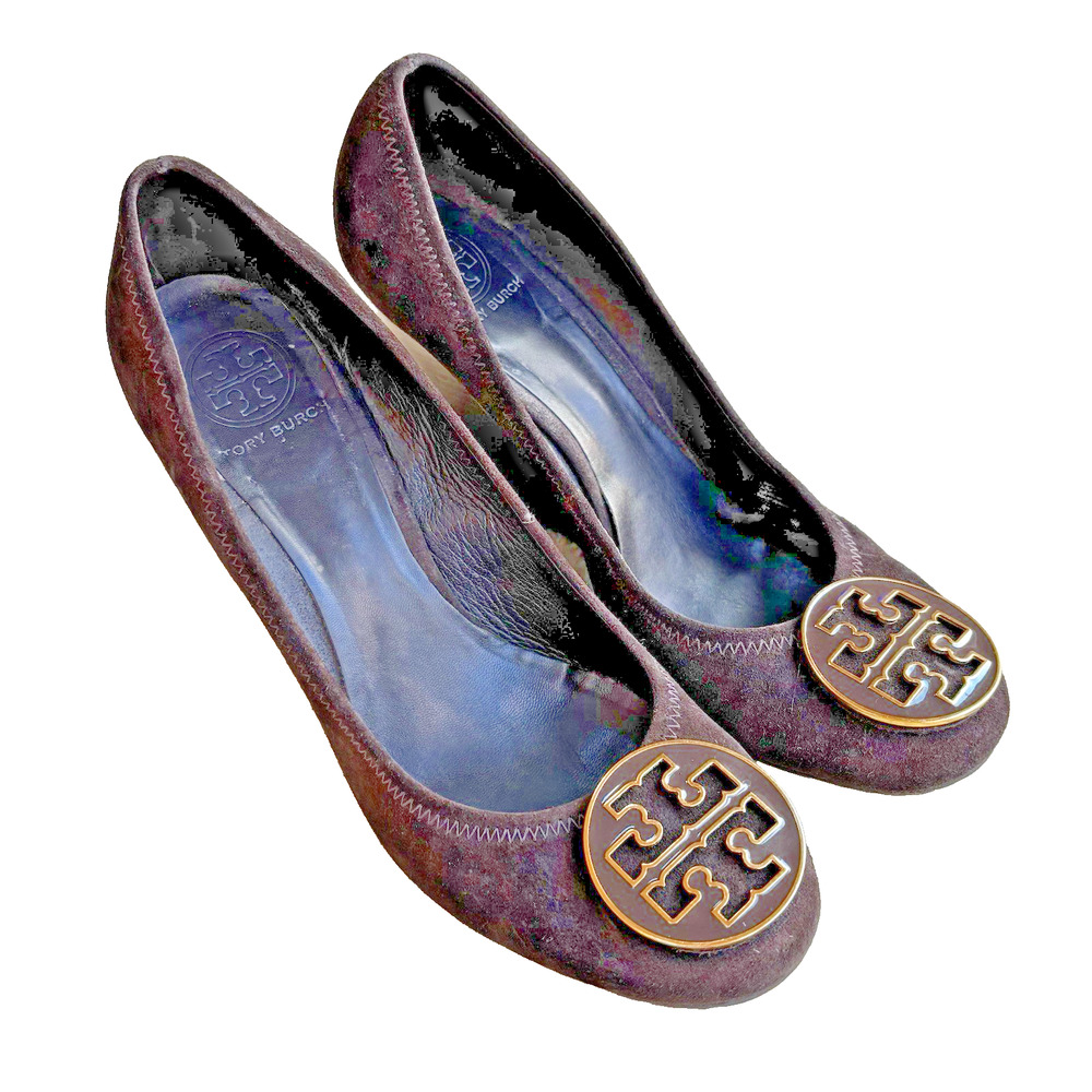 Tory Burch Brown Suede Pumps Wedge High Heels Round Logo Shoes Ladies US 9.5M
